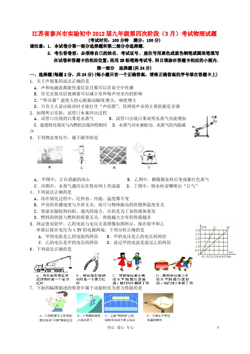 江苏省泰兴市实验初中九年级物理第四次阶段(3月)考试试题