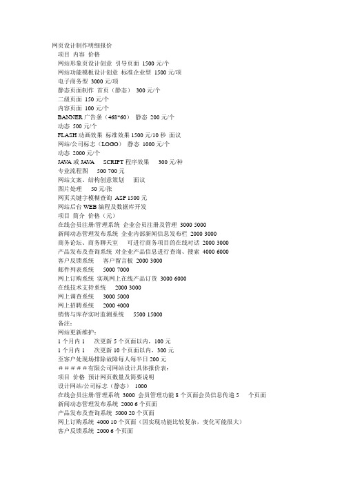网页设计制作明细报价