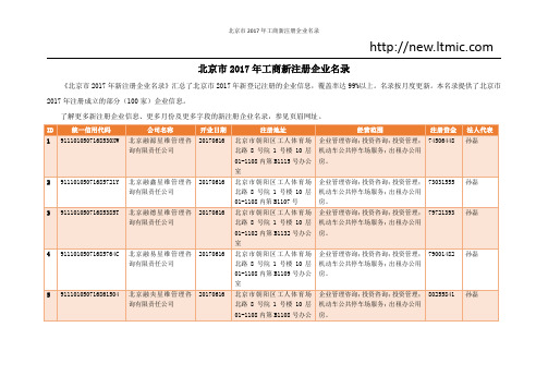 北京市2017年工商新注册企业名录