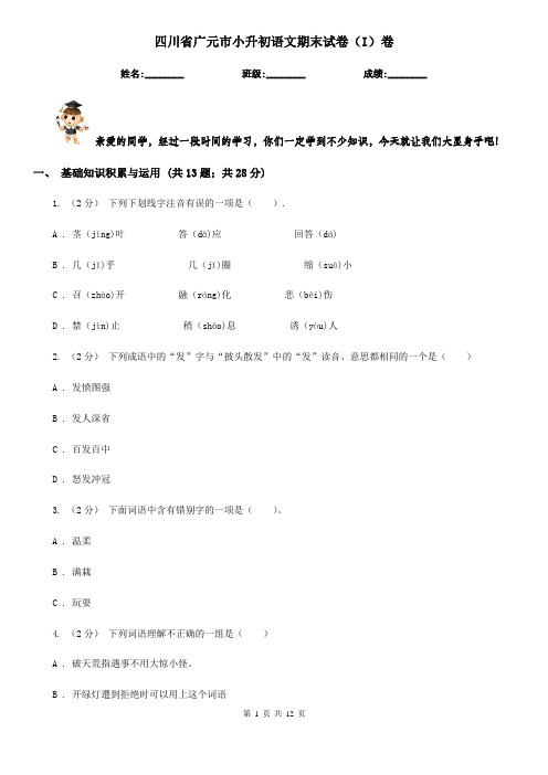 四川省广元市小升初语文期末试卷(I)卷