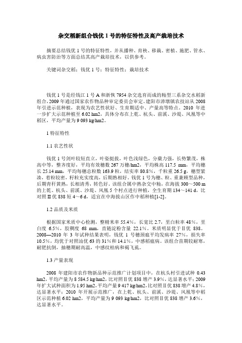 杂交稻新组合钱优1号的特征特性及高产栽培技术