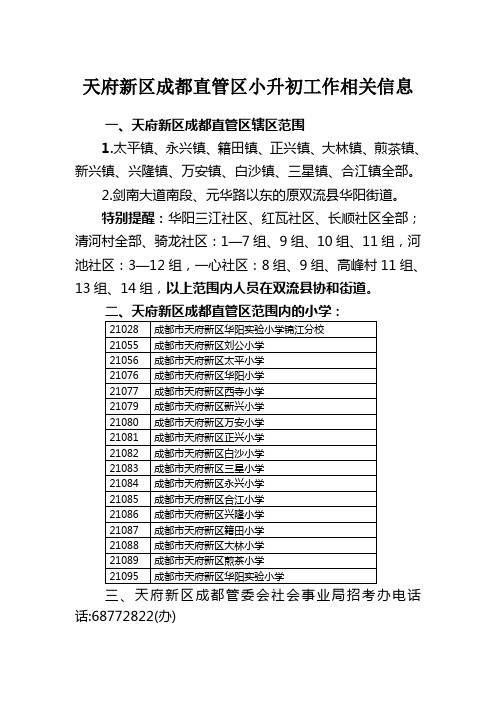 2016年天府新区范围界定及小学(发区县)