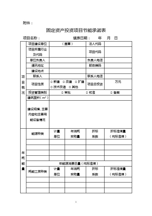固定资产投资项目节能承诺表(1000吨标煤以下)签字盖章