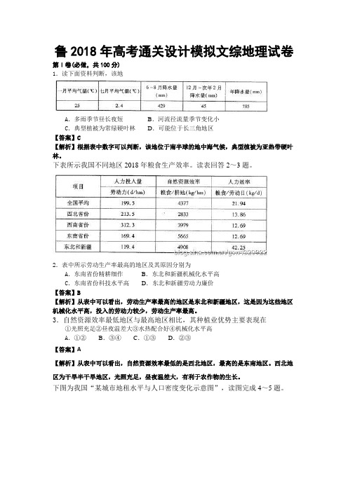 最新-2018年山东省高考通关设计模拟文科综合(地理)试卷及答案 精品
