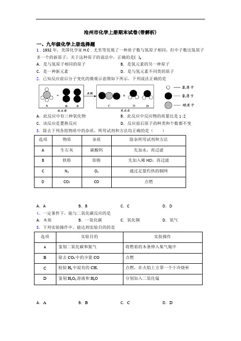 沧州市化学初三化学上册期末试卷(带解析)