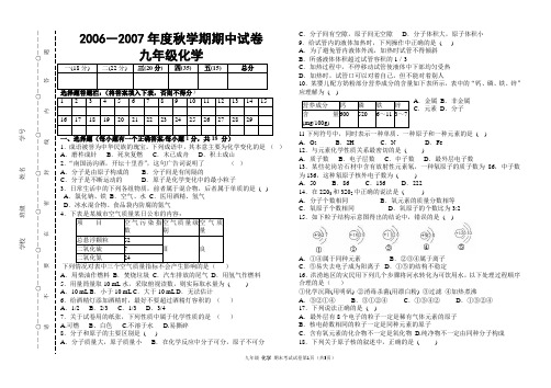 2006―2007年度秋威望学期期中试卷化学