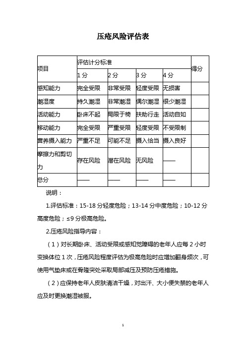 压疮风险评估表(老年健康与医养结合服务管理)