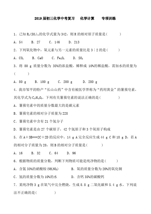 2019届初三化学中考复习   化学计算  专项训练 含答案
