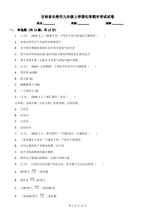 吉林省长春市九年级上学期化学期末考试试卷