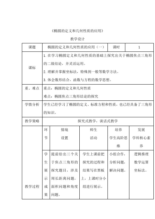 高中数学_椭圆的定义和几何性质的应用(一)教学设计学情分析教材分析课后反思