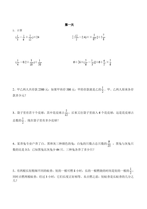 六年级数学寒假作业共15天