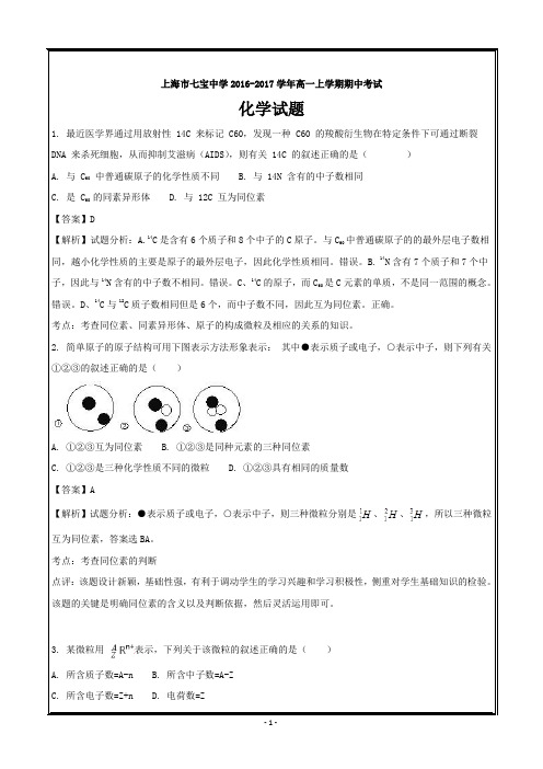 上海市七宝中学2016-2017学年高一上学期期中考试化学---精校word解析版