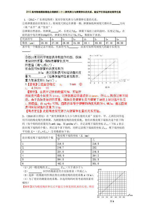 2012高考物理模拟精选分类解析二十二探究弹力与弹簧伸长的关系、验证平行四边形定则学生版