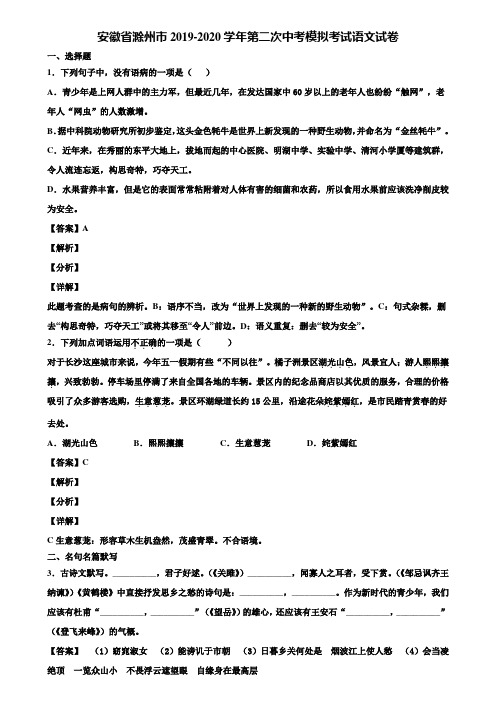 安徽省滁州市2019-2020学年第二次中考模拟考试语文试卷含解析