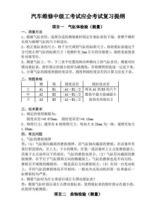 汽车维修中级工考试应会考试复习提纲