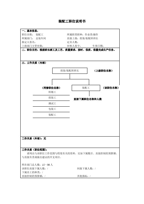 装配工岗位说明书