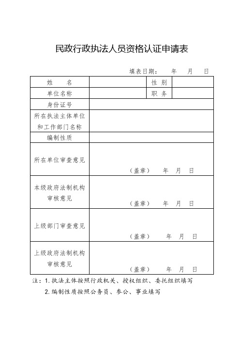 民政行政执法人员资格认证申请表