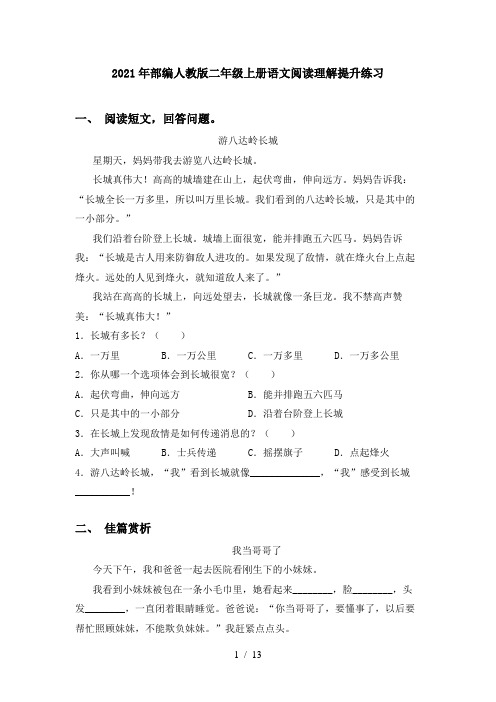 2021年部编人教版二年级上册语文阅读理解提升练习