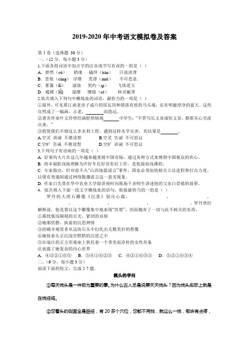 2019-2020年中考语文模拟卷及答案