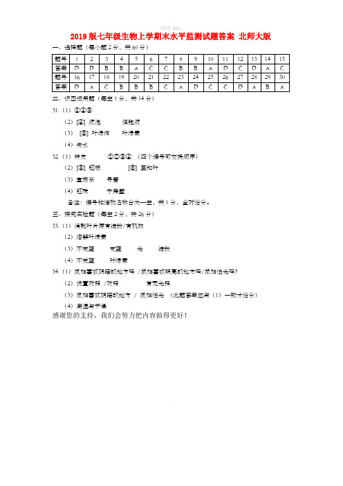 201X版七年级生物上学期末水平监测试题答案 北师大版