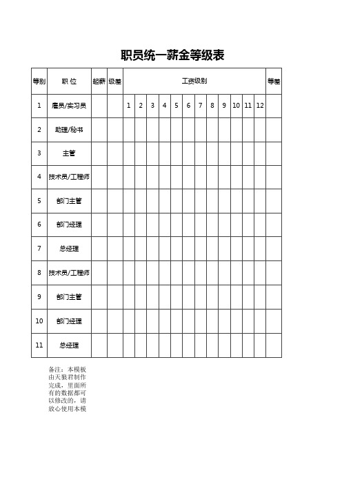 职员统一薪金等级表excel模板