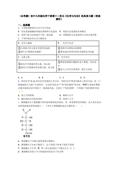 (必考题)初中九年级化学下册第十二单元《化学与生活》经典复习题(答案解析)