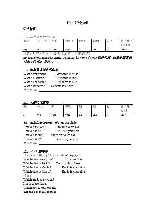 Unit1Myself语法(讲义)人教新起点版英语三年级上册