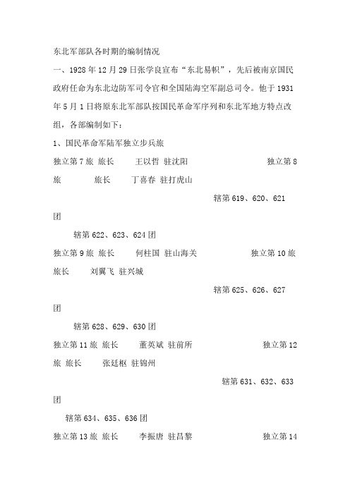 东北军部队各时期的编制情况