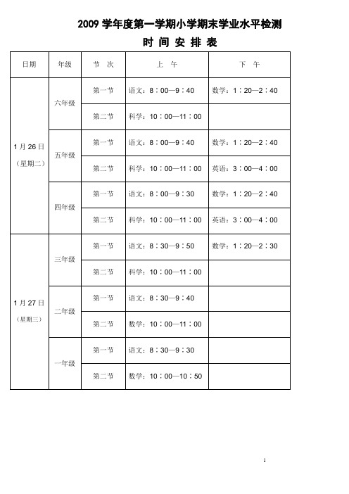 2009学年度第一学期小学期末学业水平检测