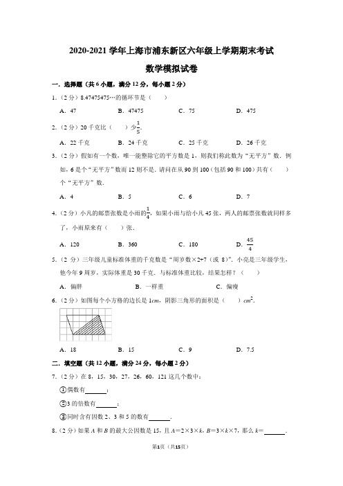 2020-2021学年上海市浦东新区六年级上学期期末考试数学模拟试卷及答案解析