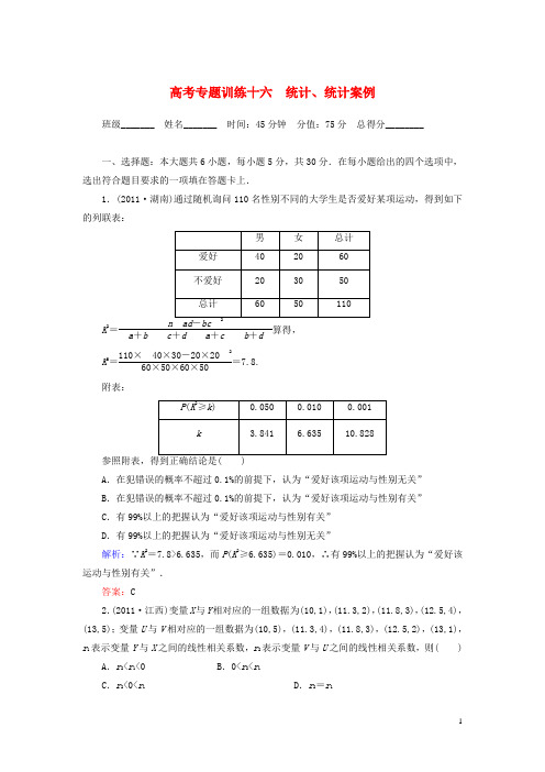 高考数学二轮总复习专题训练十六 统计、统计案例 理