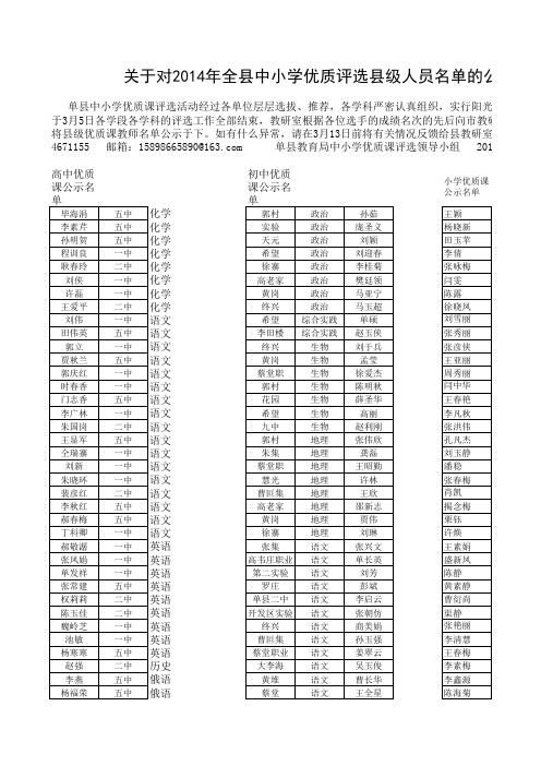 2014年单县中小学优质课获得者名单