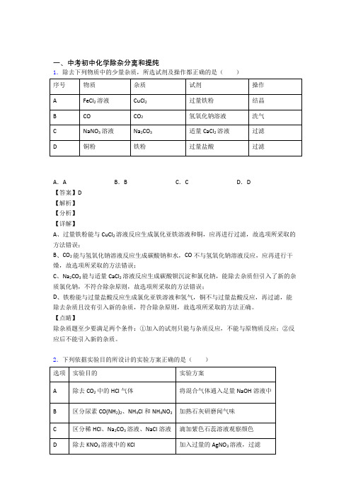 中考化学分离和提纯除杂综合练习题及详细答案