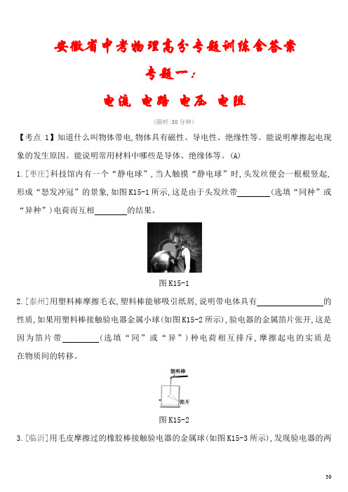 安徽省2021中考物理《电流电路电压电阻及欧姆定律》专题训练(含答案)
