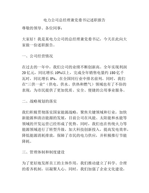 电力公司总经理兼党委书记述职报告