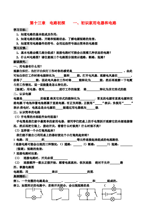 九年级物理第十三章 电路初探 一、初识家用电器和电路教案人教版