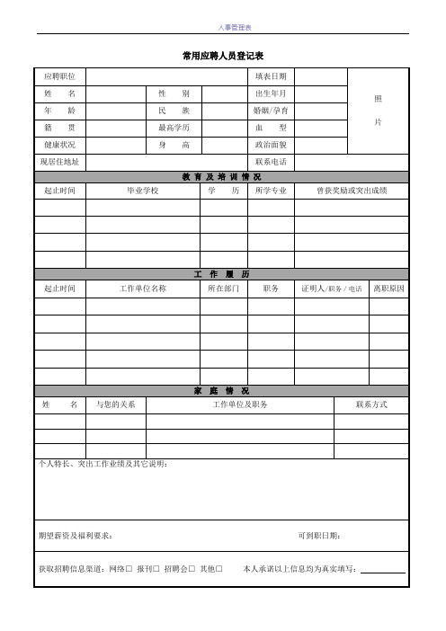 人事应聘人员登记表