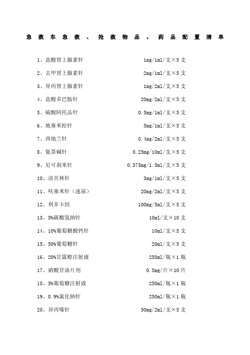 急救车急救 抢救物品 药品配置清单