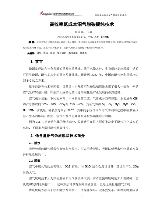 高收率低成本沼气脱碳净化技术