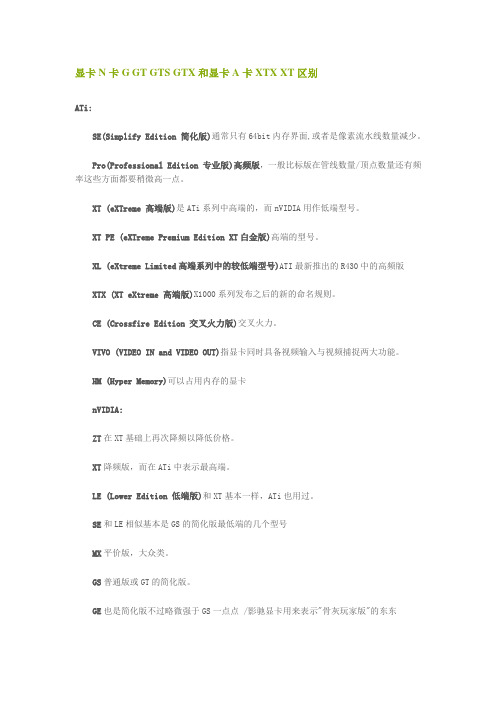 显卡N卡G GT GTS GTX和显卡A卡XTX XT区别
