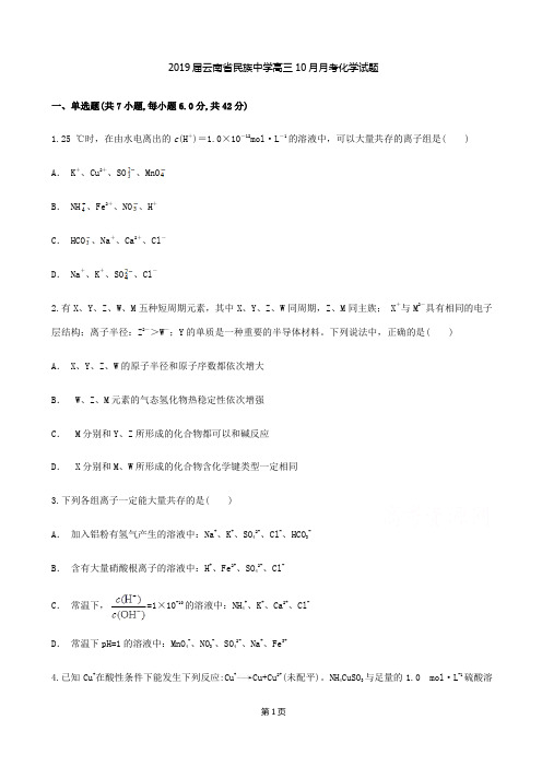 2019届云南省民族中学高三10月月考化学试题
