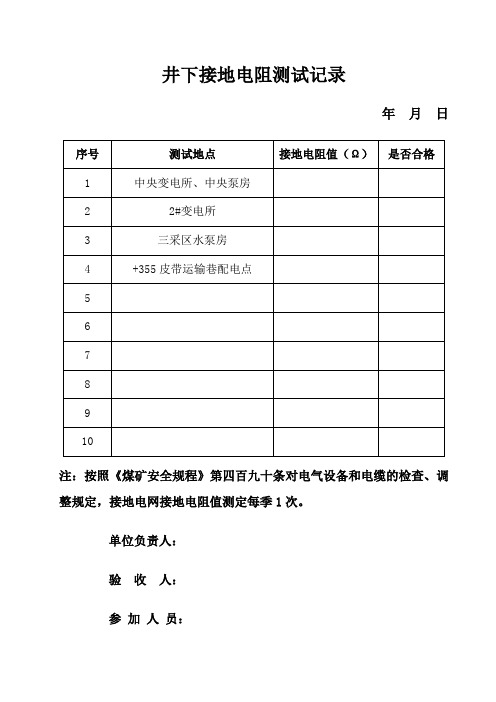井下接地电阻测试记录表