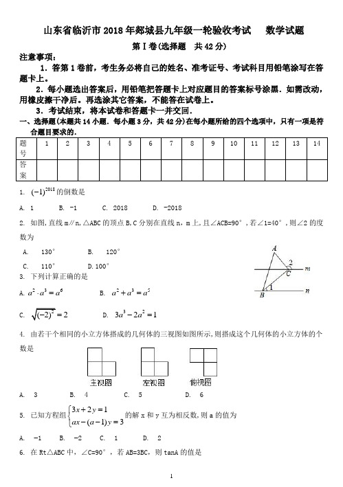 山东省临沂市郯城县2018年九年级一轮验收考试  数学试题(word版,含答案)