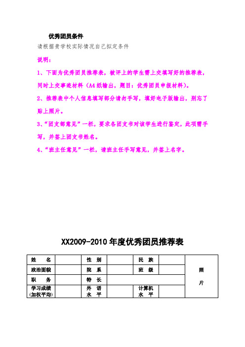 优秀团员评选条件和推荐表