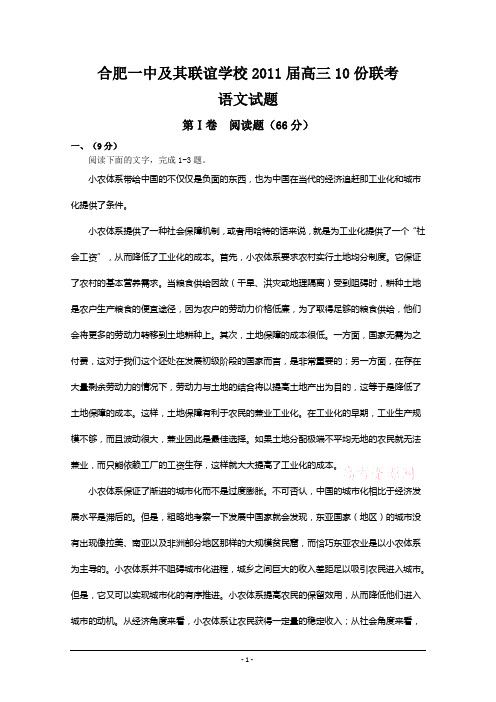 合肥一中及其联谊学校2011届高三10份联考