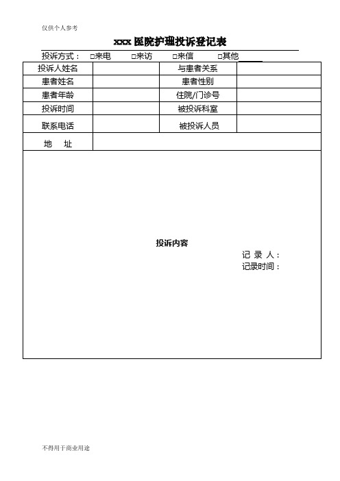 医院患者投诉及处理记录表格