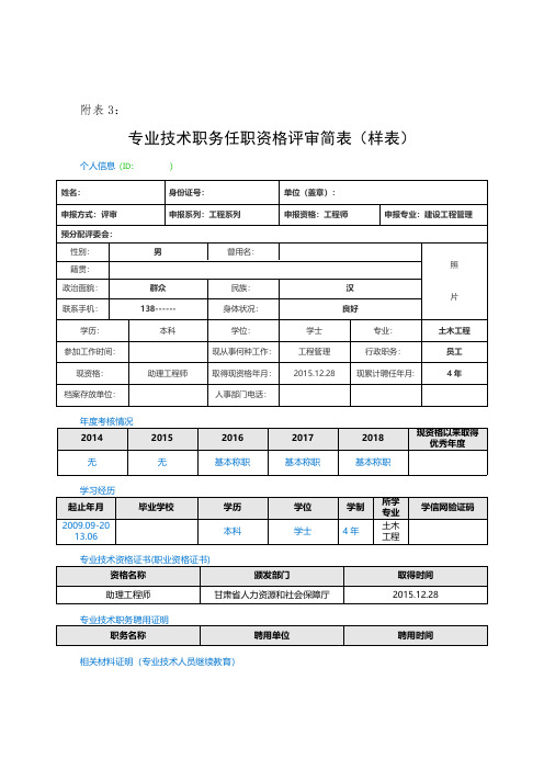 专业技术职务任职资格评审简表(样表)模板