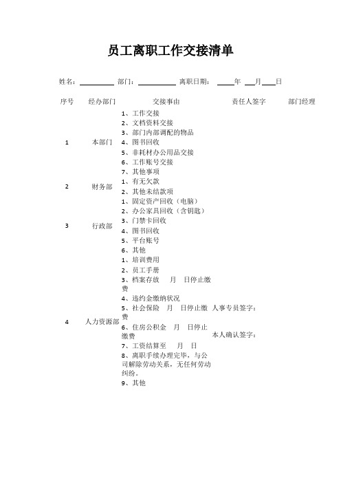 员工离职工作交接清单(完整版)