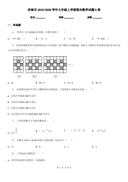 济南市2019-2020学年七年级上学期期末数学试题D卷