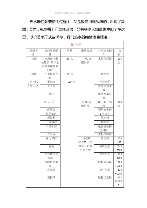 热水器维修：上门维修收费标准